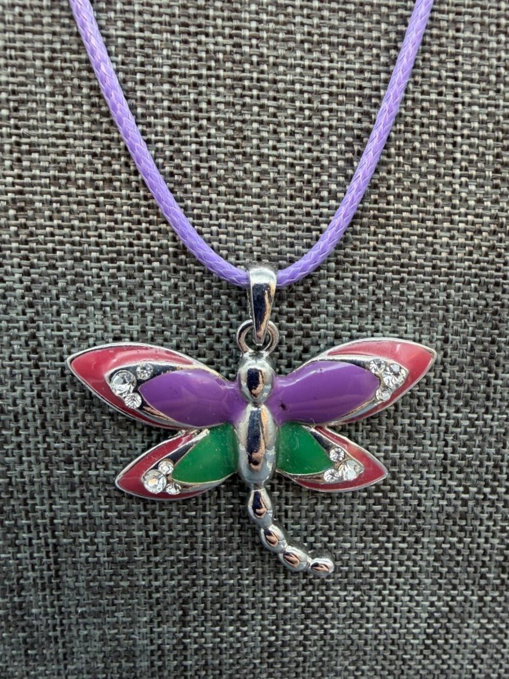 Dragonfly Pendant Necklace 18 In Purple Cord Colorful Enamel Wings Rhinestones